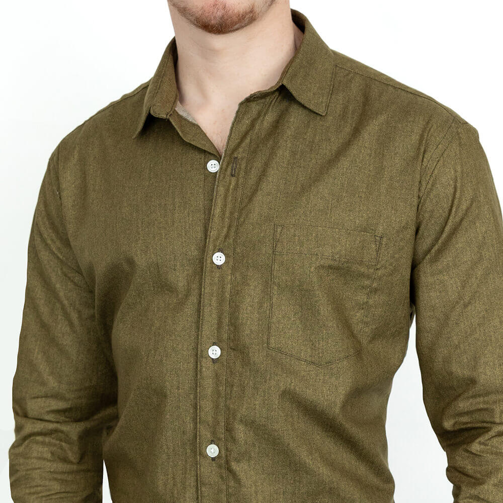 GARVER Long Sleeve Shirt in Olive All Over Japanese Solid Denim-Like Print