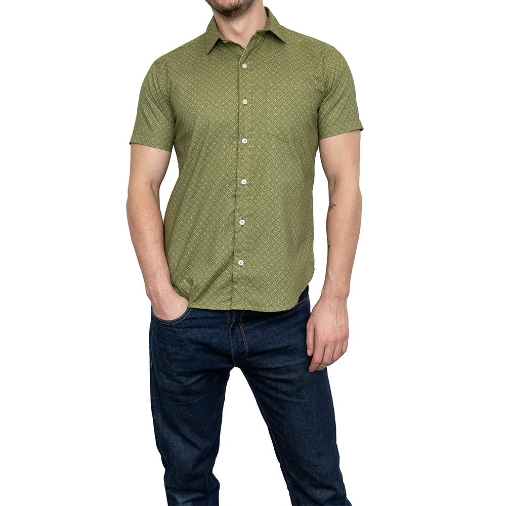 GARRISON Short Sleeve Shirt in Light Olive Green Japanese Floral Print