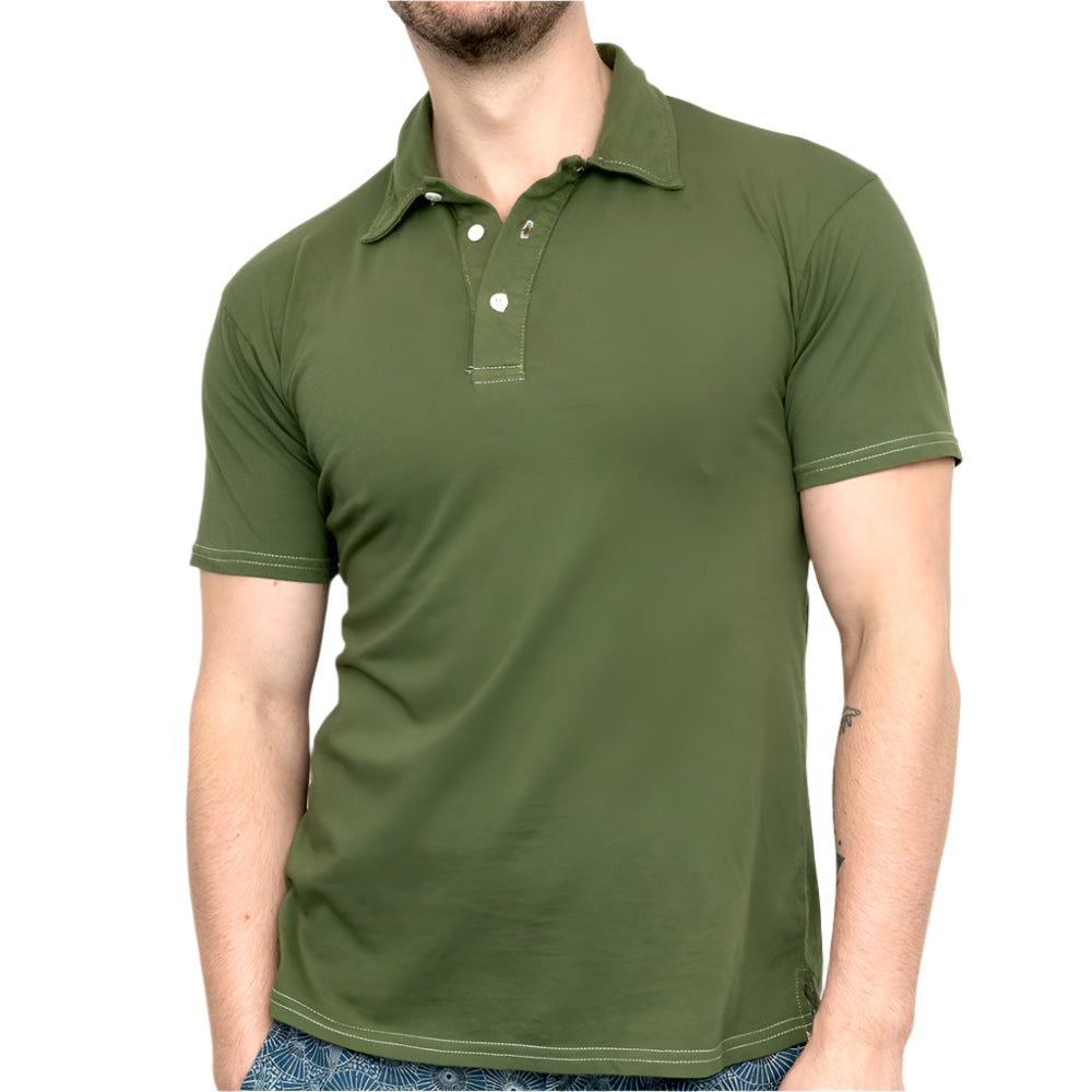 Organic Cotton Jersey Polo Shirt in Martini Olive Green