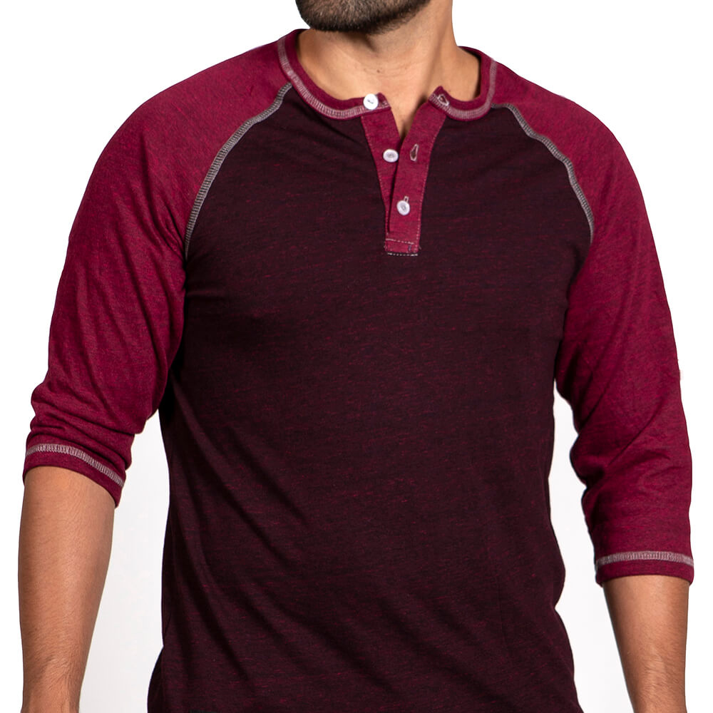 Burgundy &amp; Cranberry Contrast 3/4 Raglan Sleeve Henley - Made In USA