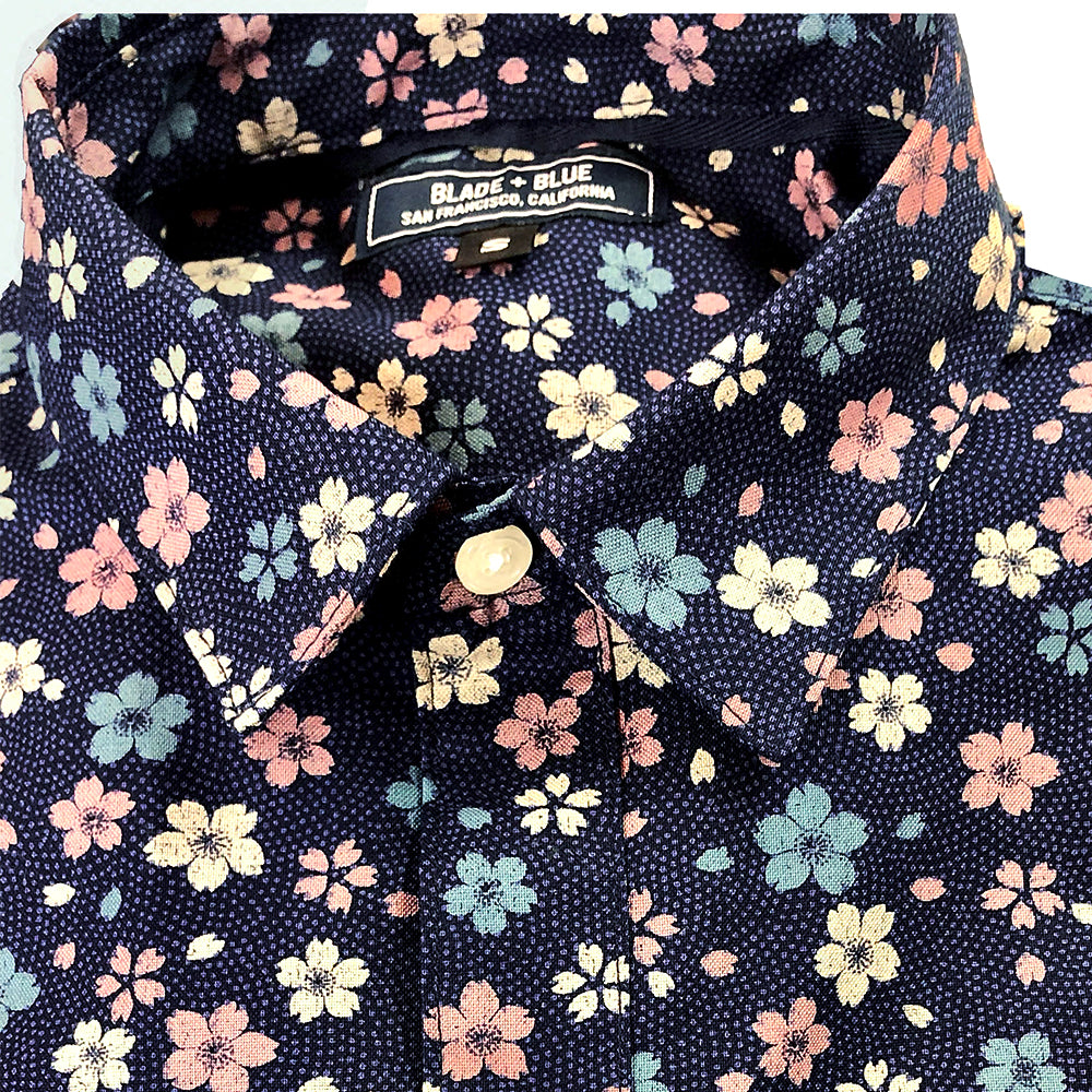 BOXER Short Sleeve Shirt in Blue &amp; Pink Japanese Floral Print