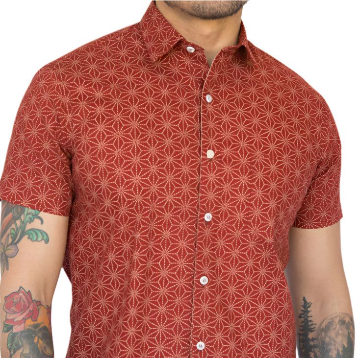 JONES Short Sleeve Shirt in Tomato Red Japanese Geometric Floral &