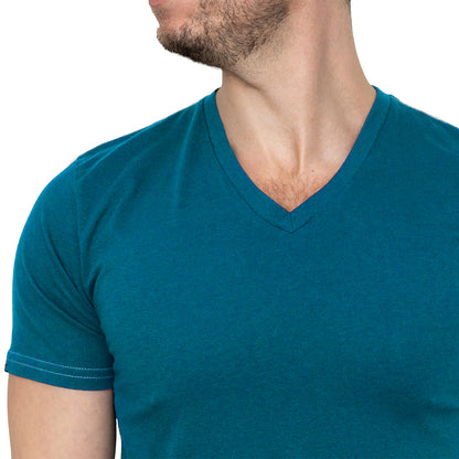 Teal Blue Cotton V-Neck Short Sleeve Tee - Made In USA