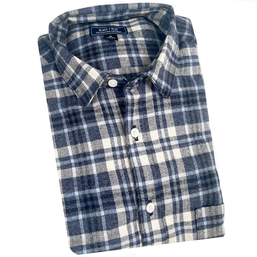 RICHMOND Long Sleeve Shirt in Brushed Cotton Blue &amp; White Herringbone Weave Plaid