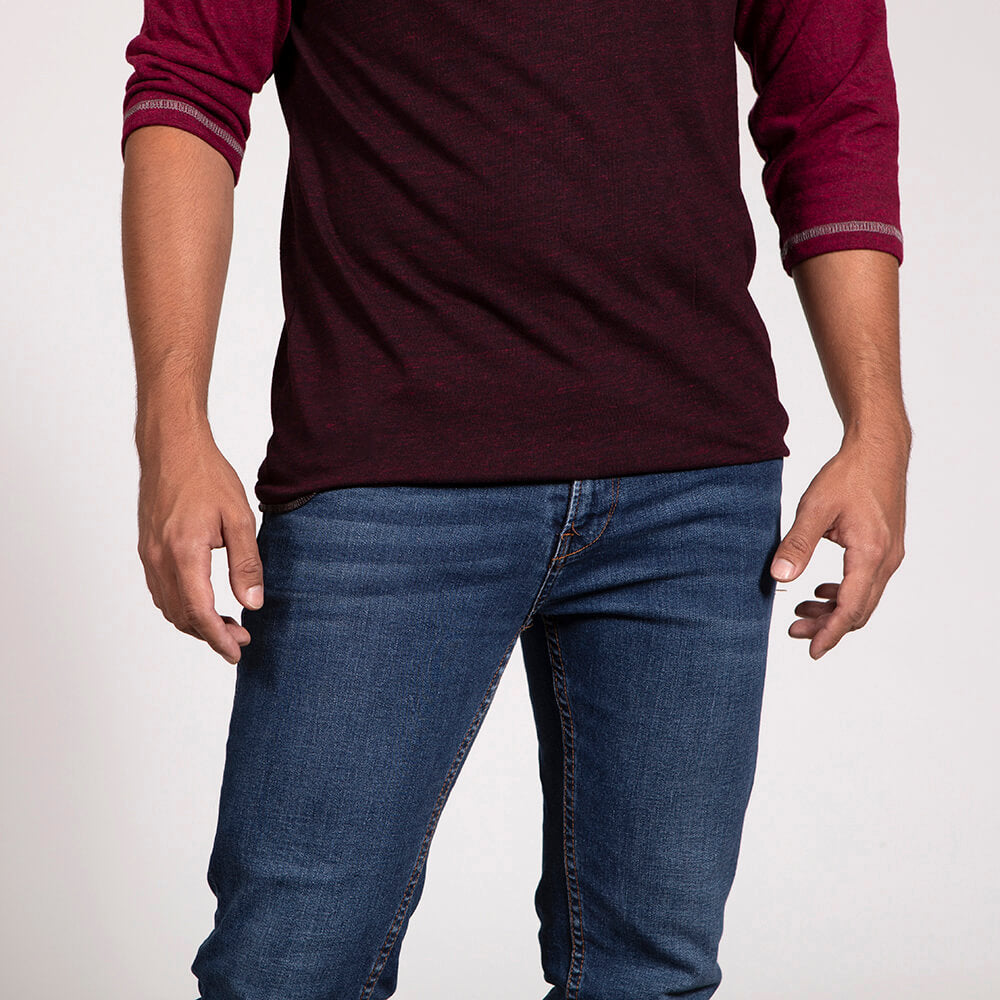 Burgundy &amp; Cranberry Contrast 3/4 Raglan Sleeve Henley - Made In USA