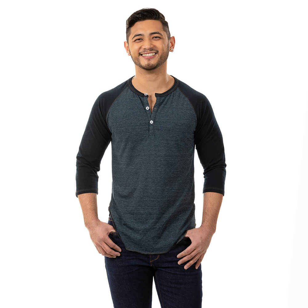 Tonal Blue/Black Contrast 3/4 Raglan Sleeve Tri-Blend Henley Shirt