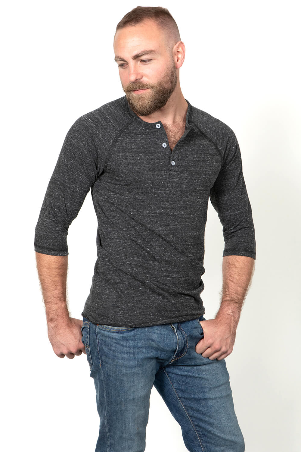 Charcoal Grey Marled 3/4 Raglan Sleeve Henley - Made In USA