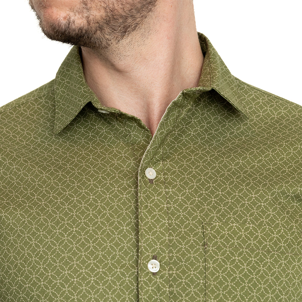 GARRISON Short Sleeve Shirt in Light Olive Green Japanese Floral Print