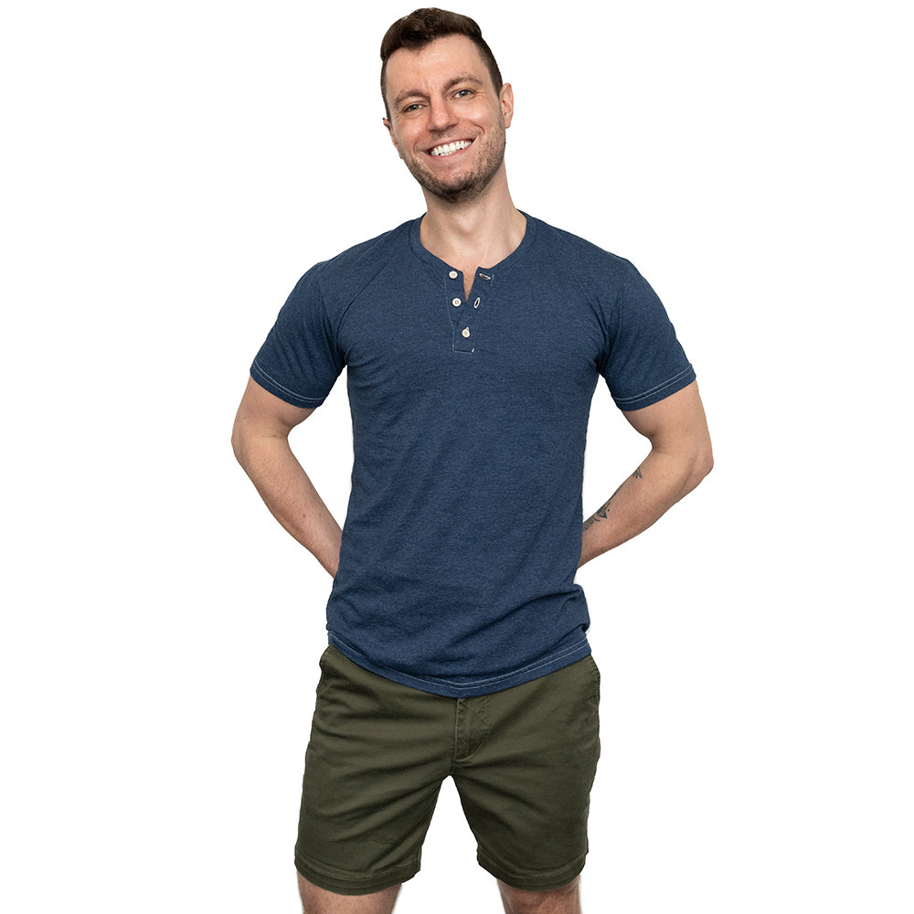 Short Sleeve Henley Tee in Navy Blue Heather