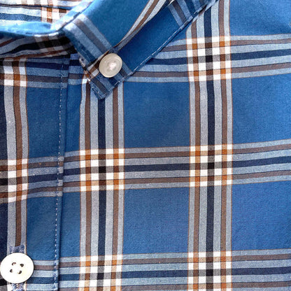 KINER Cotton Poplin Long Sleeve Shirt in Blue, White With Caramel Plaid