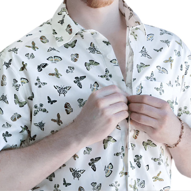 ELLIS Short Sleeve Shirt in Natural with Green Butterfly Print