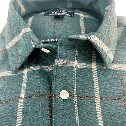 NICKELSON Long Sleeve Shirt in Brushed Cotton Teal Plaid Herringbone Weave Plaid