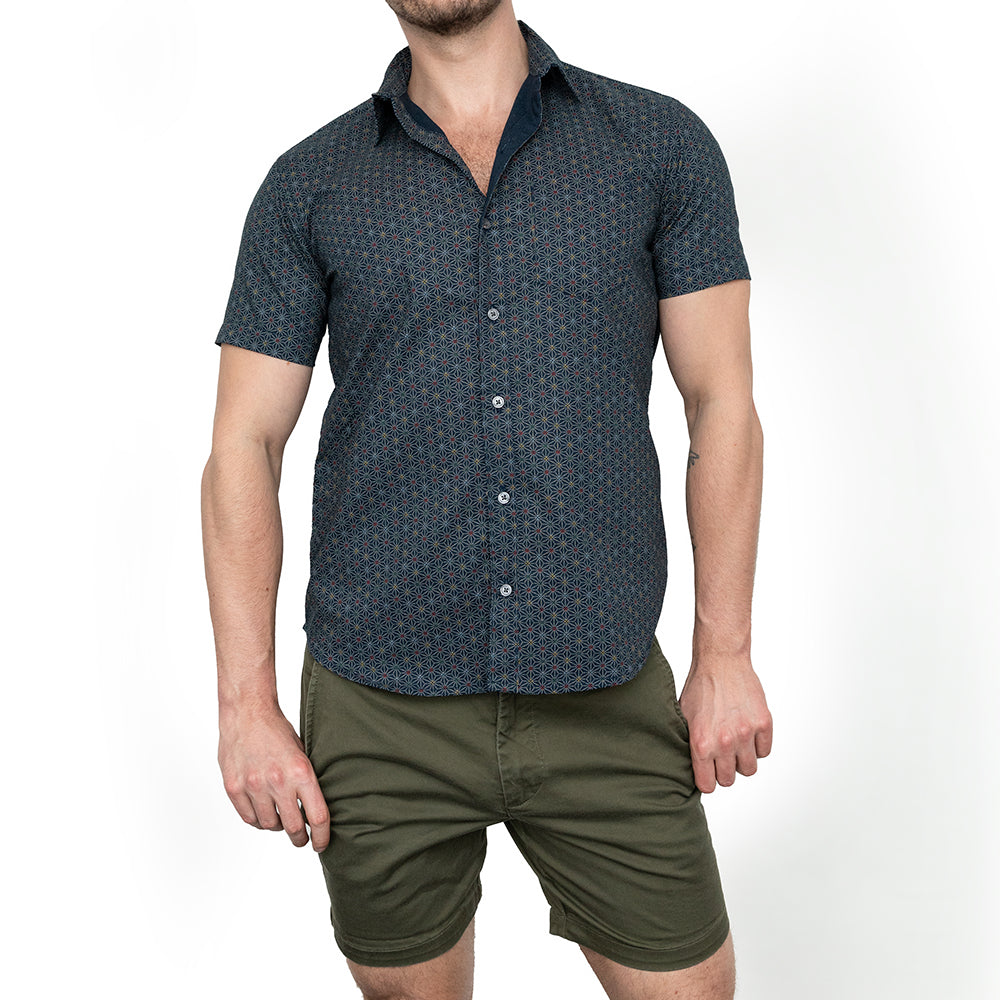 MICHAEL Short Sleeve Shirt in Navy Blue Japanese Geometric Floral Print