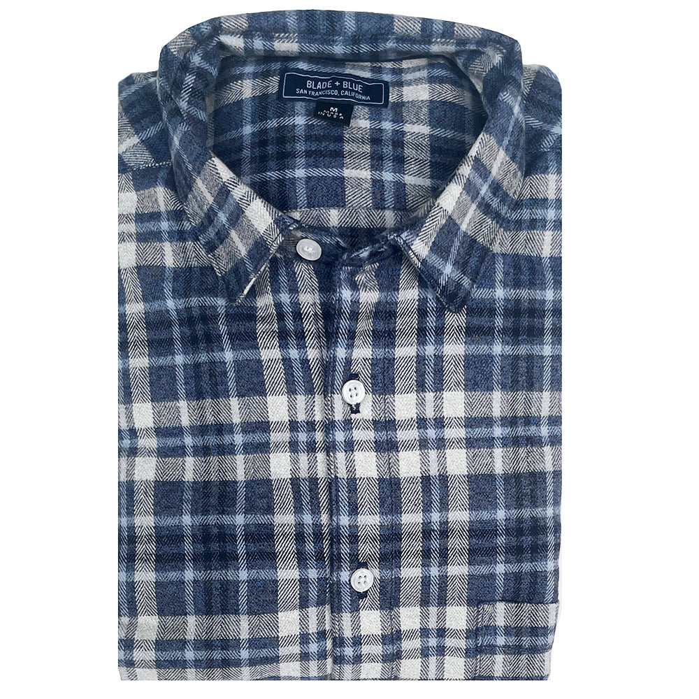 RICHMOND Long Sleeve Shirt in Brushed Cotton Blue &amp; White Herringbone Weave Plaid