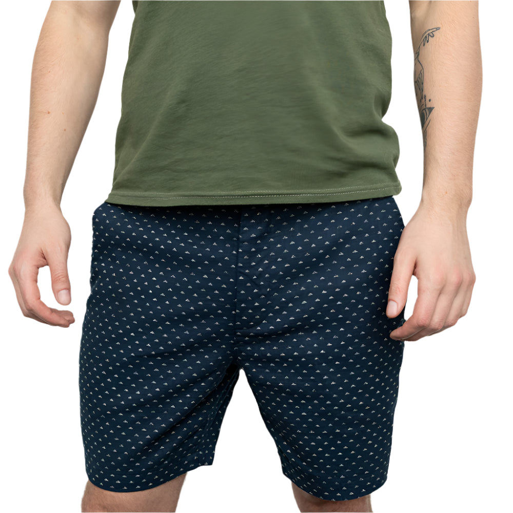 Dark Indigo Blue Japanese &quot;Uroko-Inspired&quot; Print Cotton Shorts - Made in USA