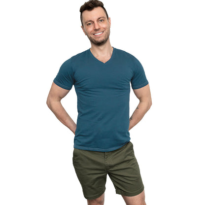 Teal Blue Cotton V-Neck Short Sleeve Tee - Made In USA