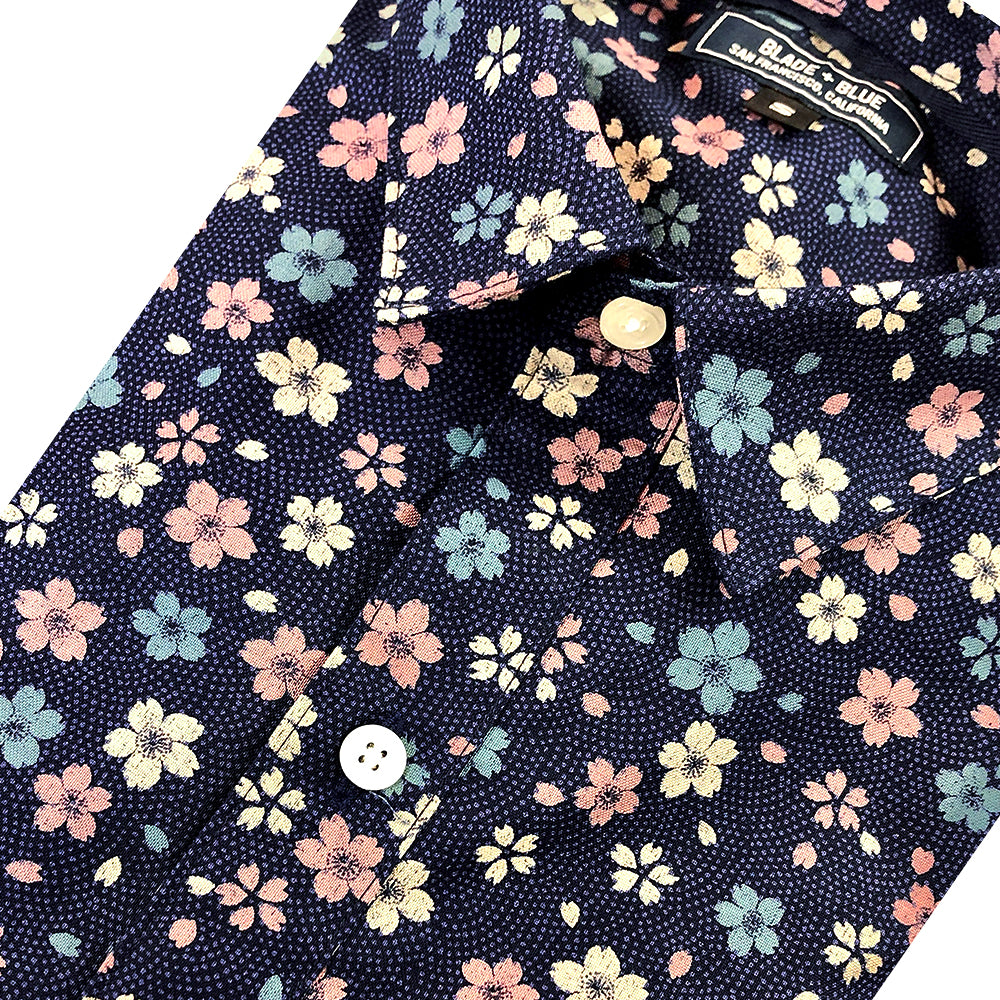 BOXER Short Sleeve Shirt in Blue &amp; Pink Japanese Floral Print