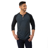 Tonal Blue/Black Contrast 3/4 Raglan Sleeve Tri-Blend Henley Shirt