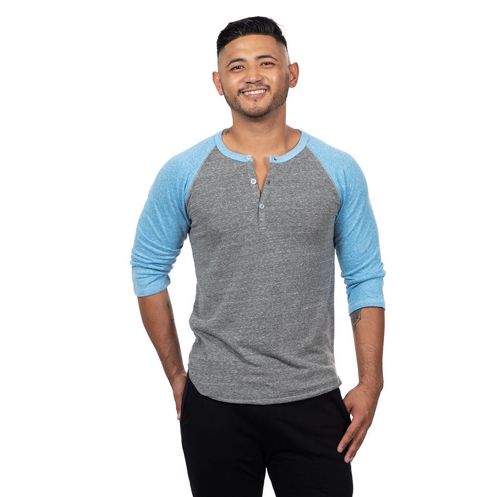 75% OFF AFTER CODE: WOW25 Sky Blue & Heather Grey Contrast 3/4 Raglan  Sleeve Tri-Blend Henley - Made In USA