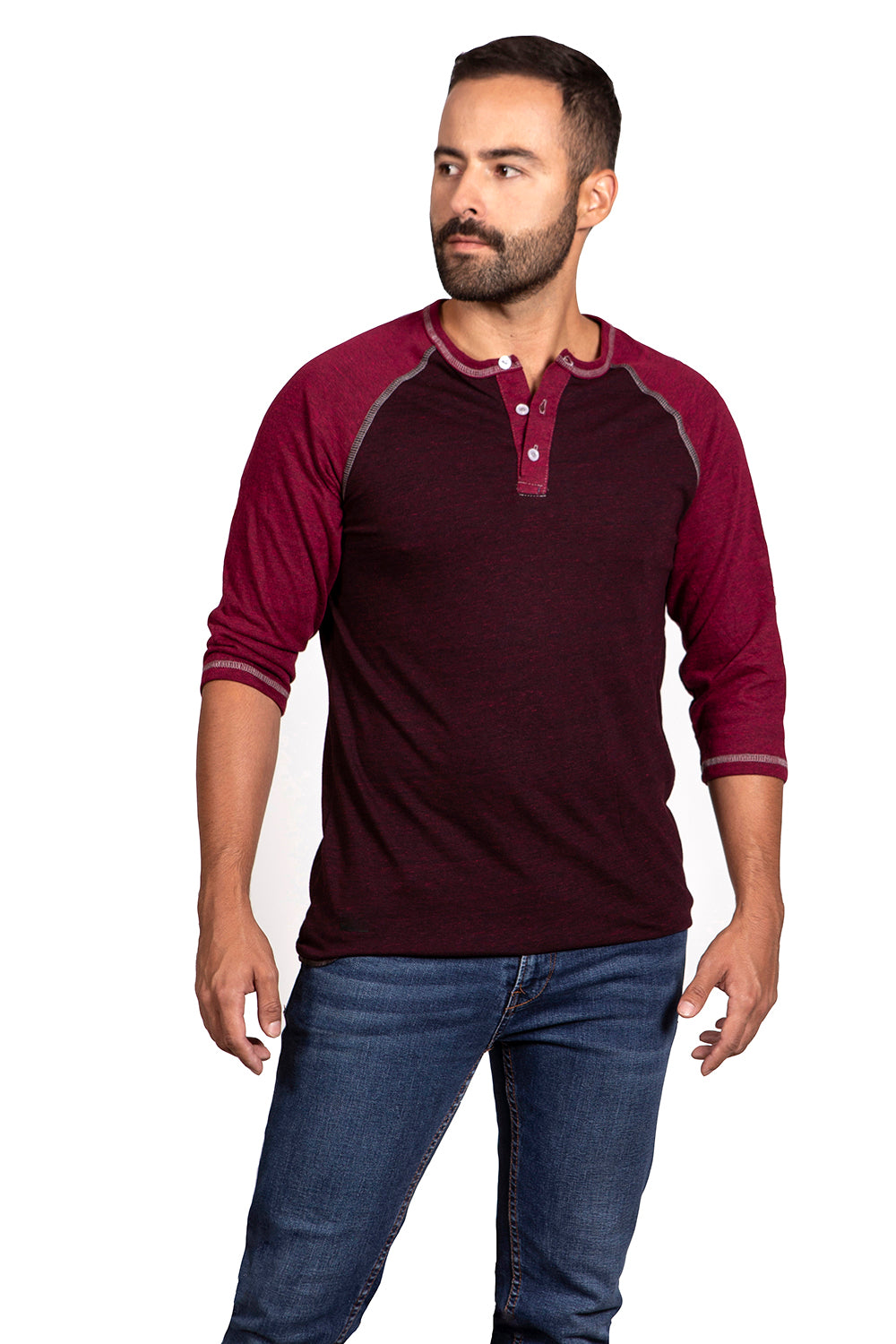 Burgundy &amp; Cranberry Contrast 3/4 Raglan Sleeve Henley - Made In USA