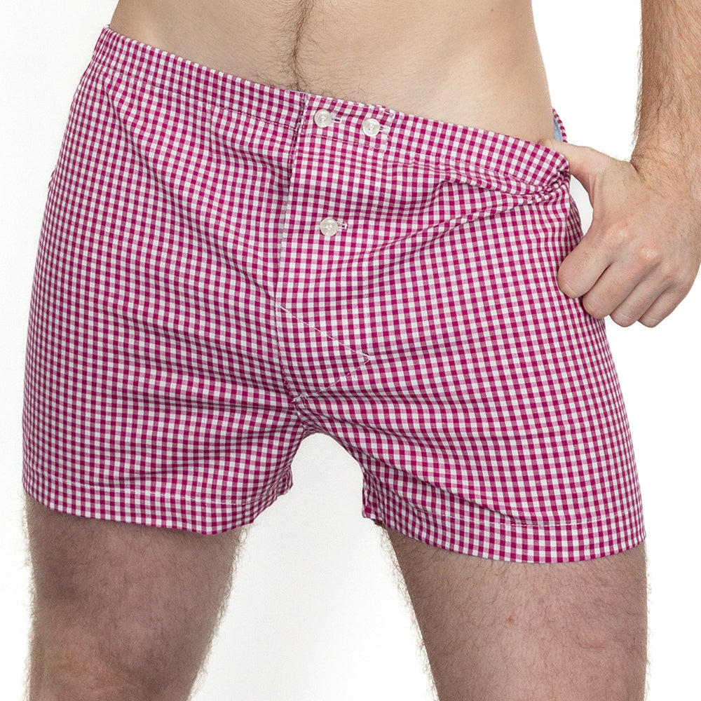 &quot;KINGSTON&quot; - Berry Red &amp; White Mini Gingham Boxer Short - Made In USA