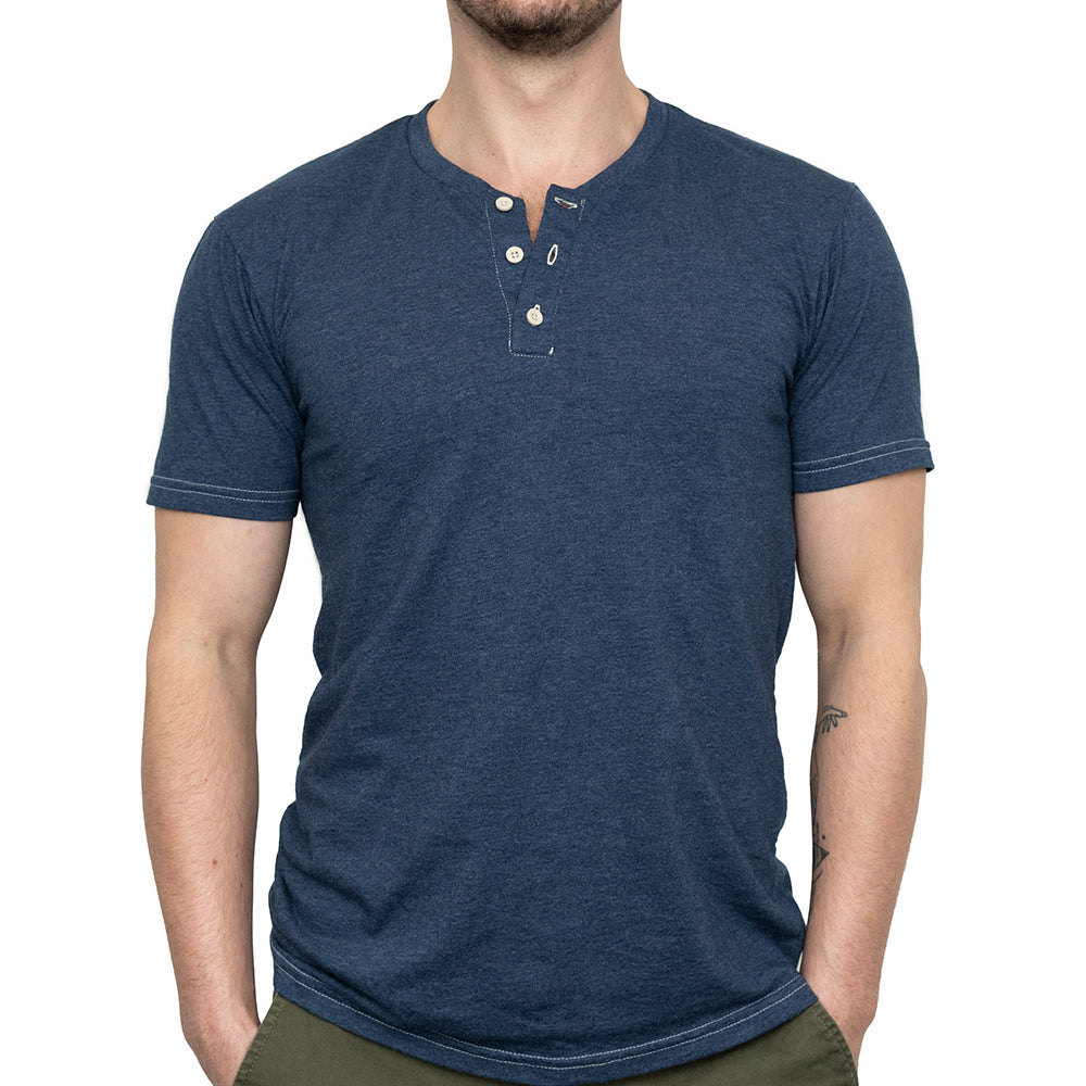 Short Sleeve Henley Tee in Navy Blue Heather