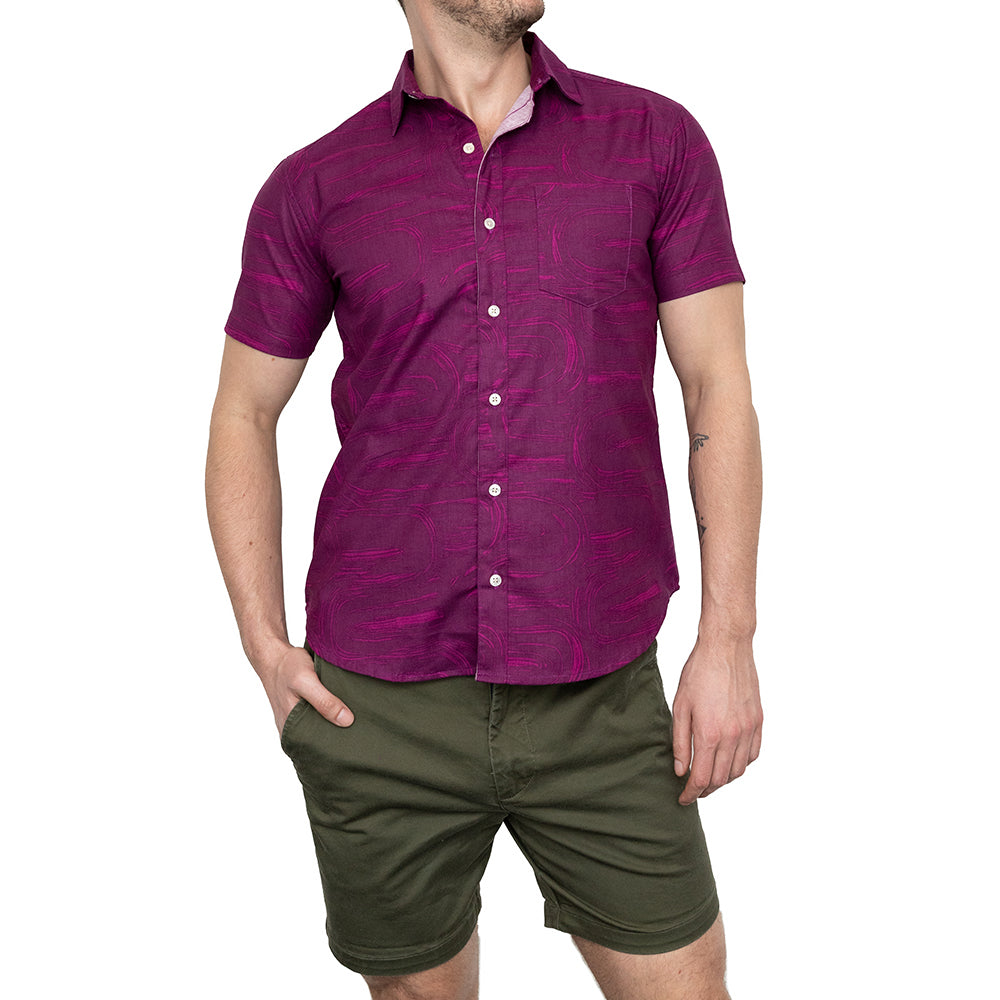 BENSON Short Sleeve Shirt in Magenta Brush Stroke Print