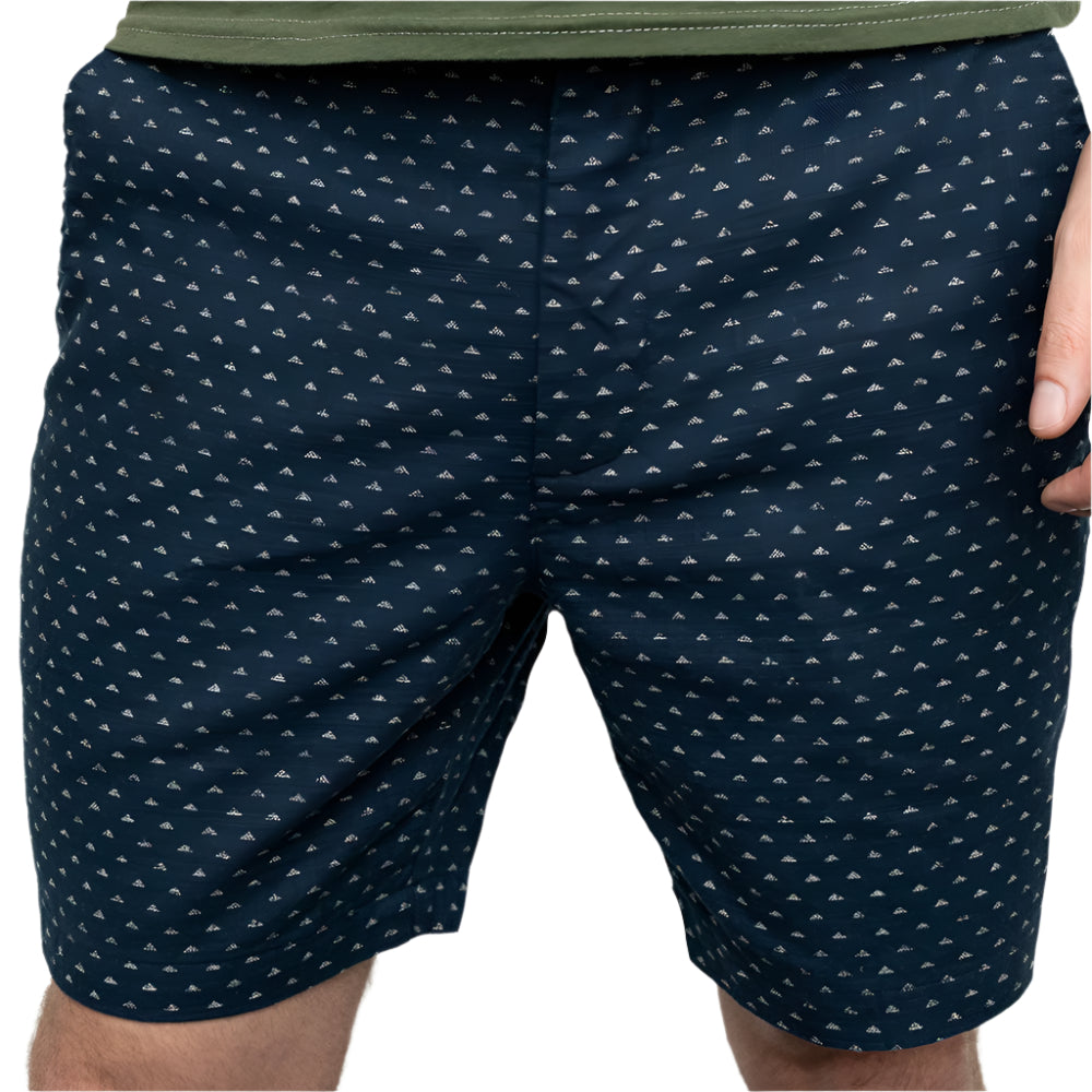 Dark Indigo Blue Japanese &quot;Uroko-Inspired&quot; Print Cotton Shorts - Made in USA