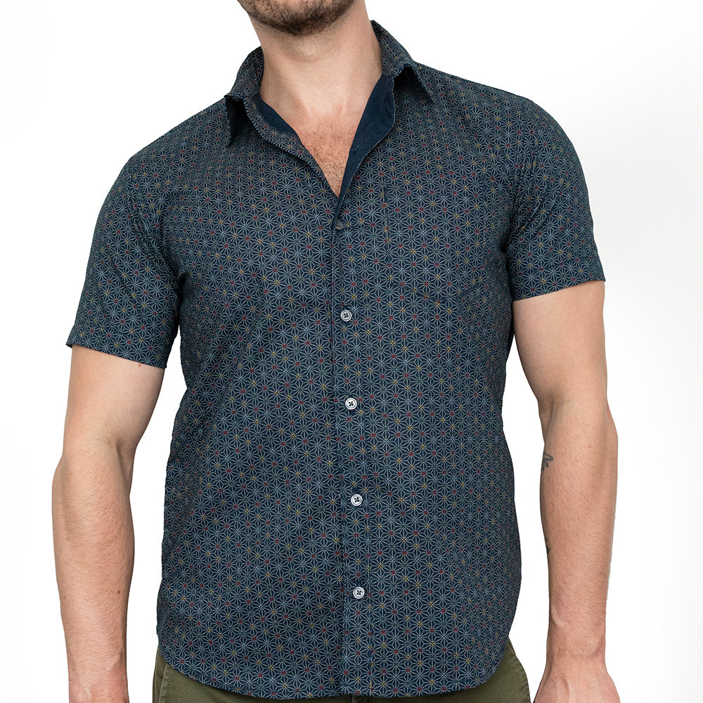 MICHAEL Short Sleeve Shirt in Navy Blue Japanese Geometric Floral Print