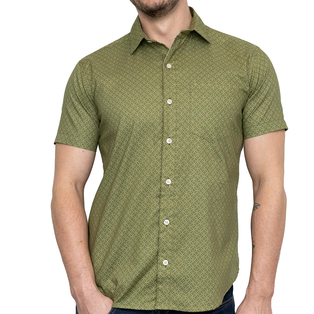 GARRISON Short Sleeve Shirt in Light Olive Green Japanese Floral Print