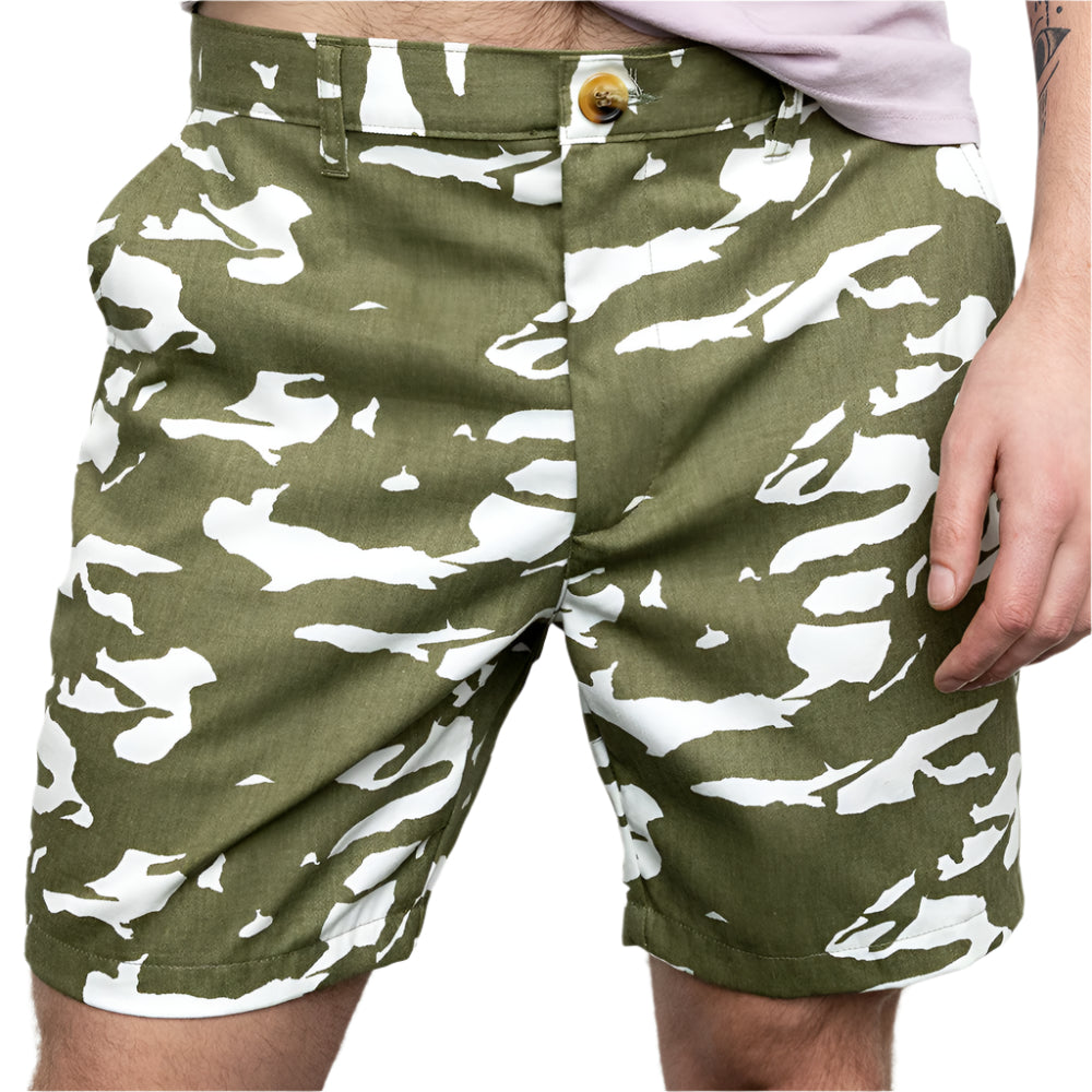 Olive &amp; White Abstract Tiger Stripe Japanese Print Cotton Shorts - Made in USA