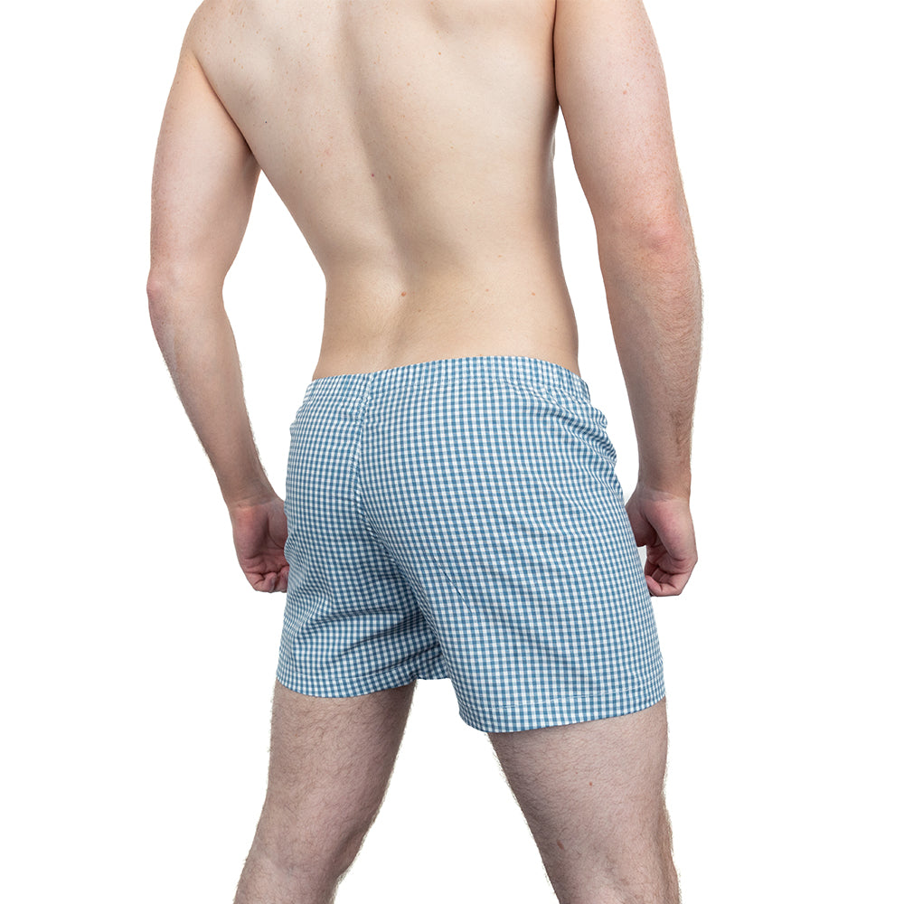 &quot;JONNY&quot; - Blue/Green &amp; White Mini Gingham Boxer Short - Made In USA