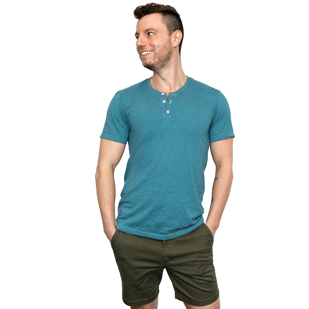 Short Sleeve Henley Tee in Teal Blue