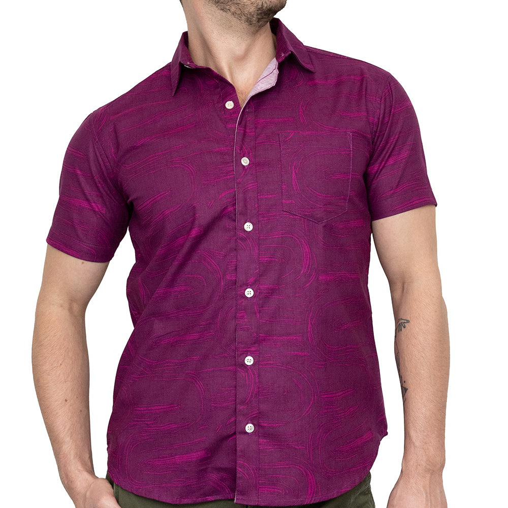 BENSON Short Sleeve Shirt in Magenta Brush Stroke Print