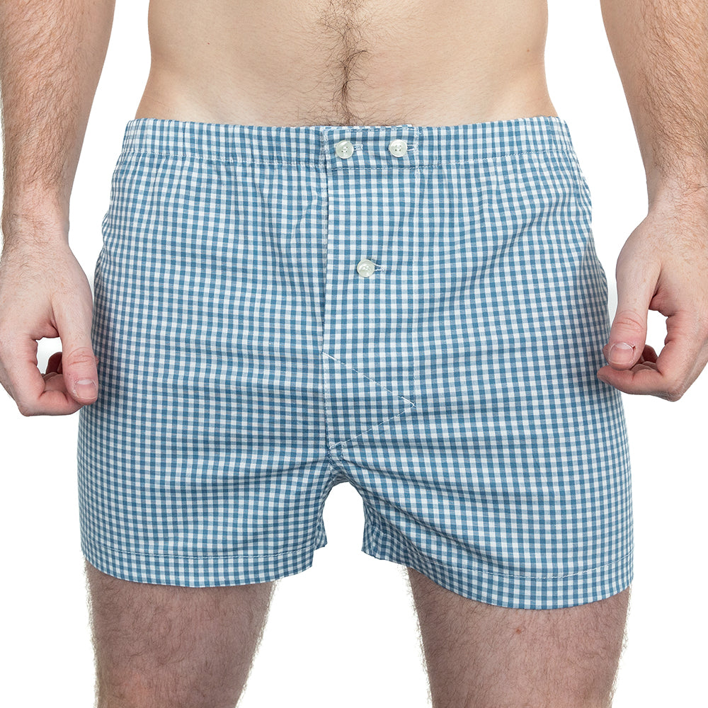 &quot;JONNY&quot; - Blue/Green &amp; White Mini Gingham Boxer Short - Made In USA