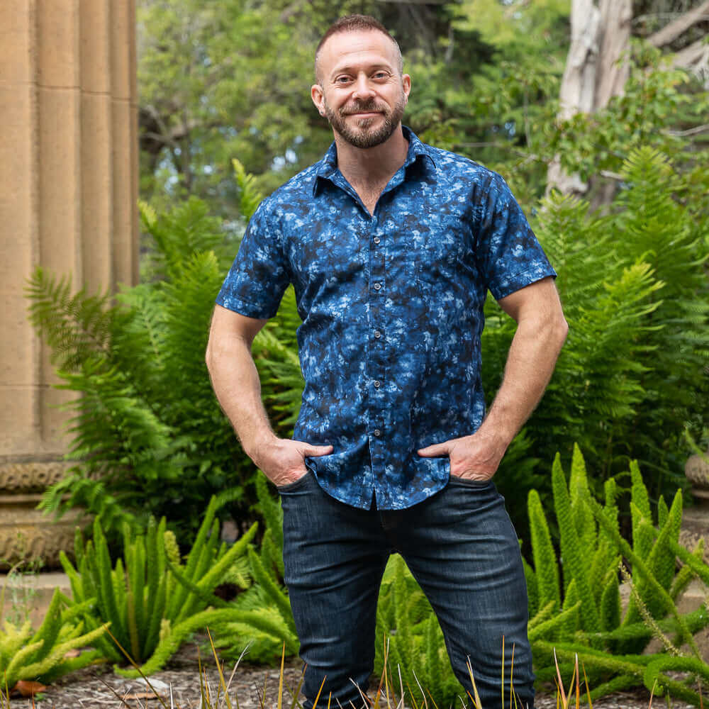 SMOKEY Short Sleeve Shirt in Indigo Blue Marbled Print