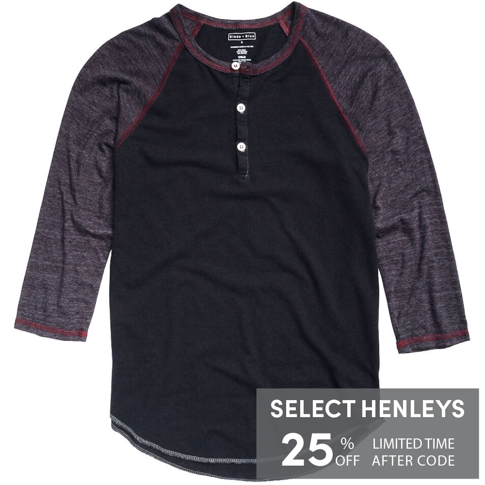 Burgundy &amp; Navy Blue Contrast 3/4 Raglan Sleeve Tri-Blend Henley Shirt