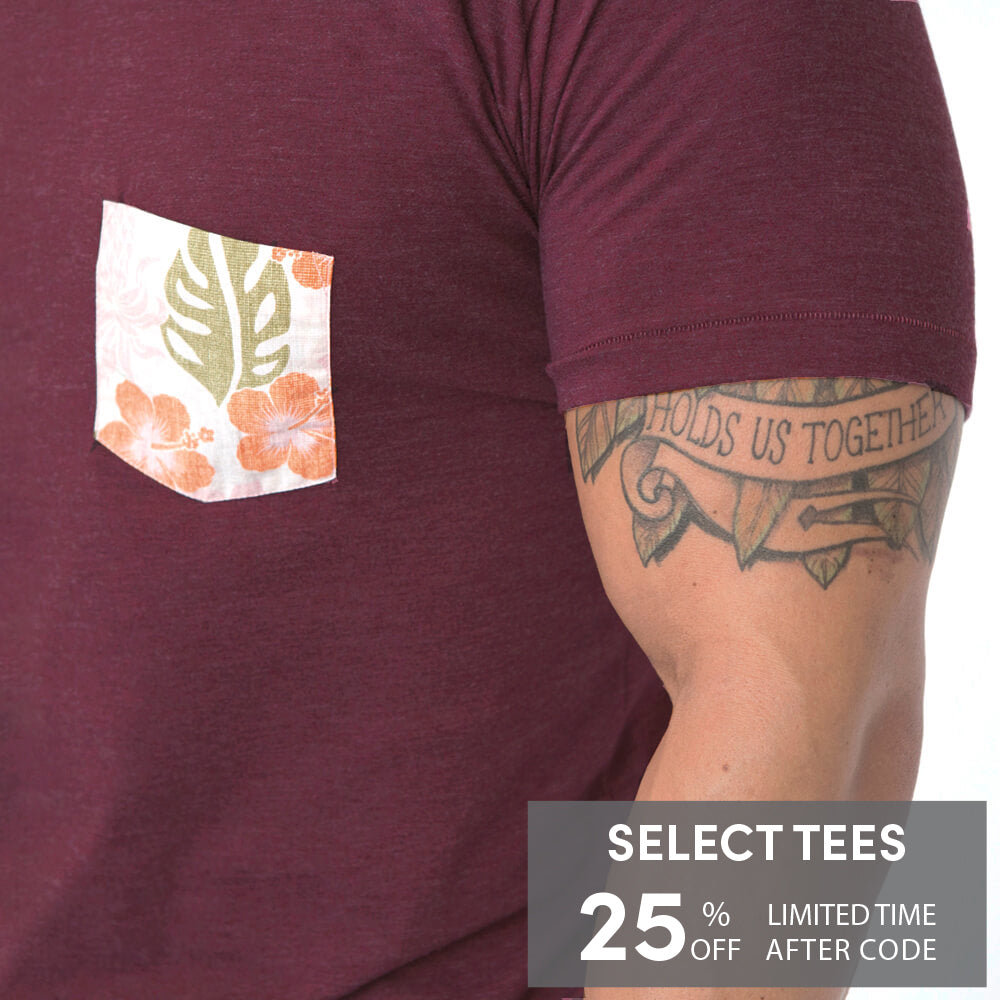 Cranberry Red With Hawaiian Hibiscus Floral Pocket T-Shirt