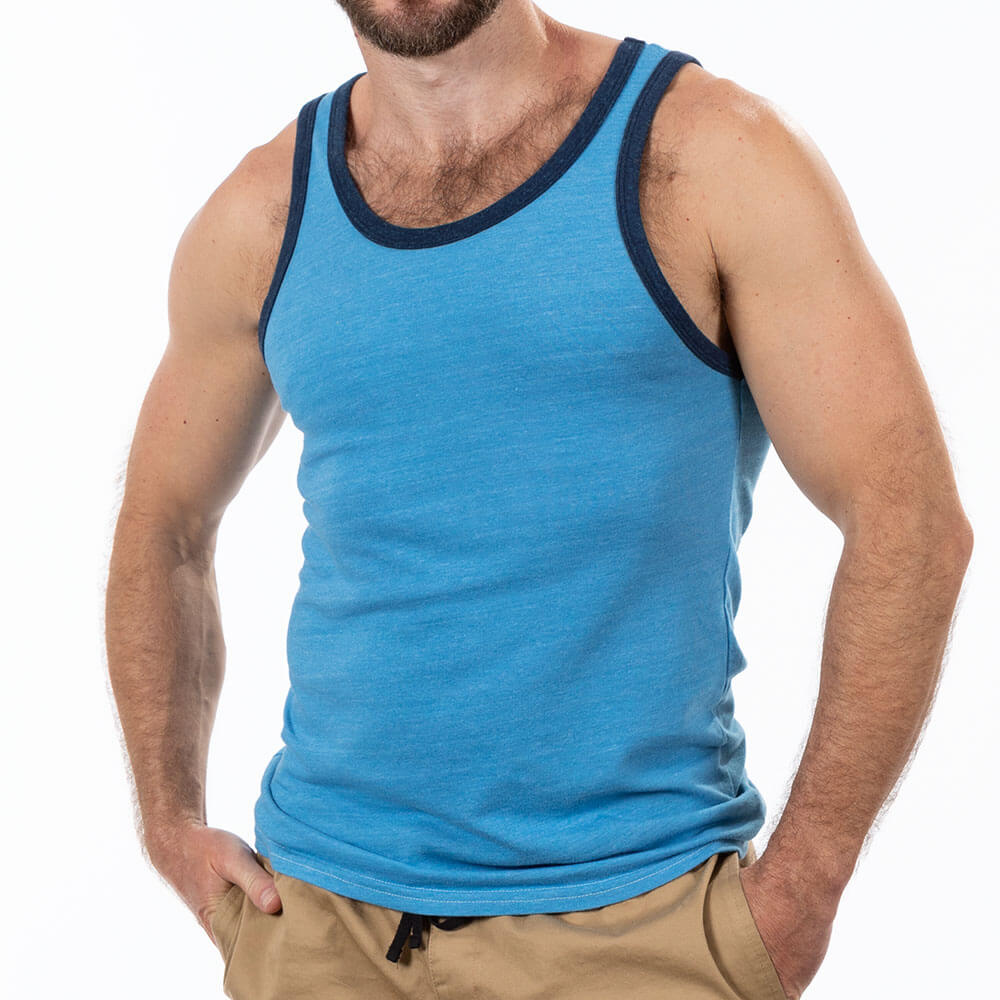 Aqua Blue &amp; Navy Tri-Blend Varsity Tank Top