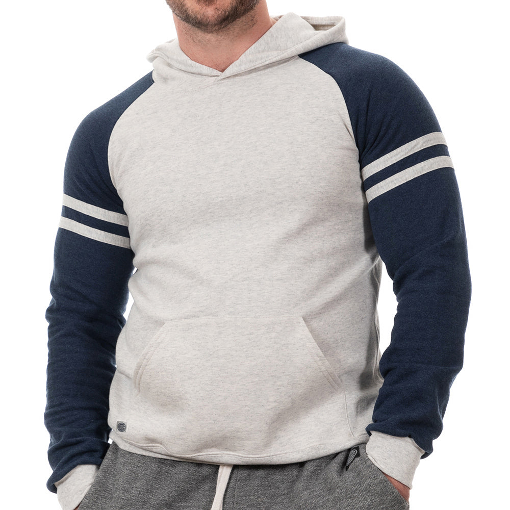 White Heather &amp; Navy Varsity Stripe Popover Hoodie