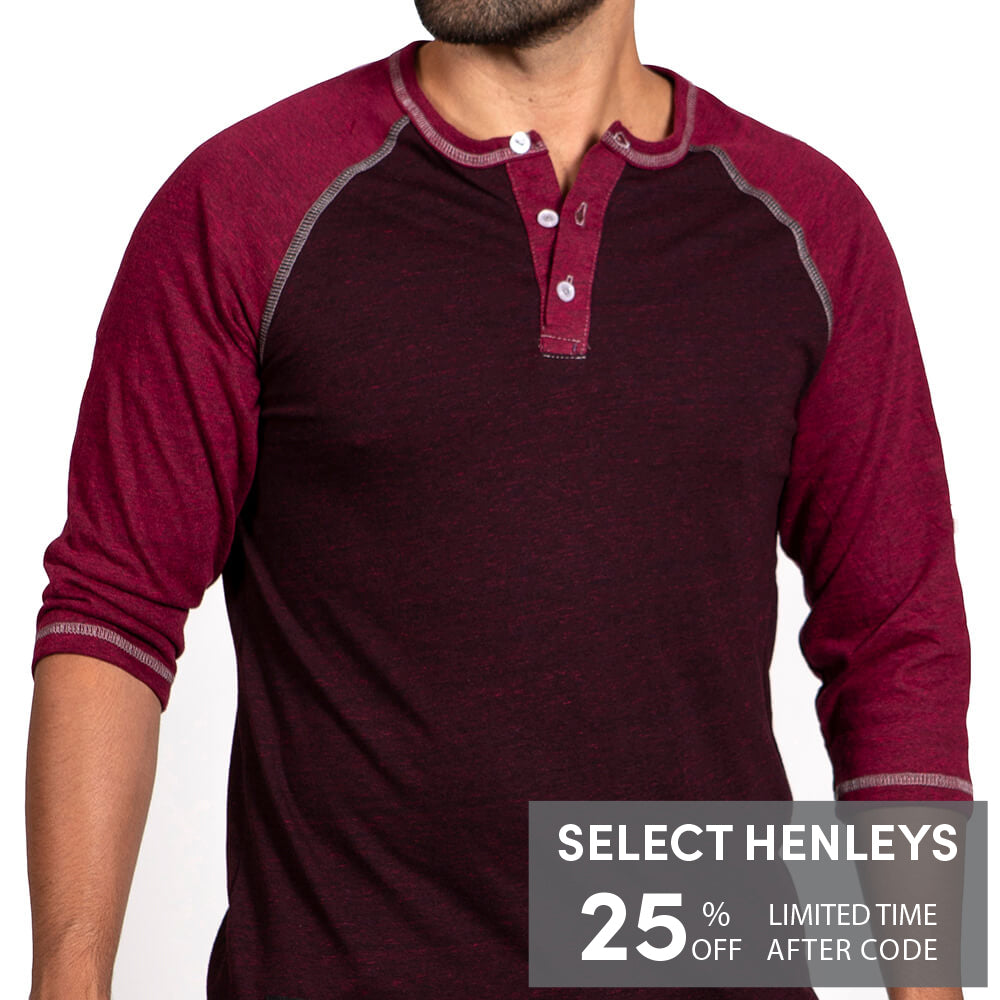 Burgundy &amp; Cranberry Contrast 3/4 Raglan Sleeve Henley - Made In USA