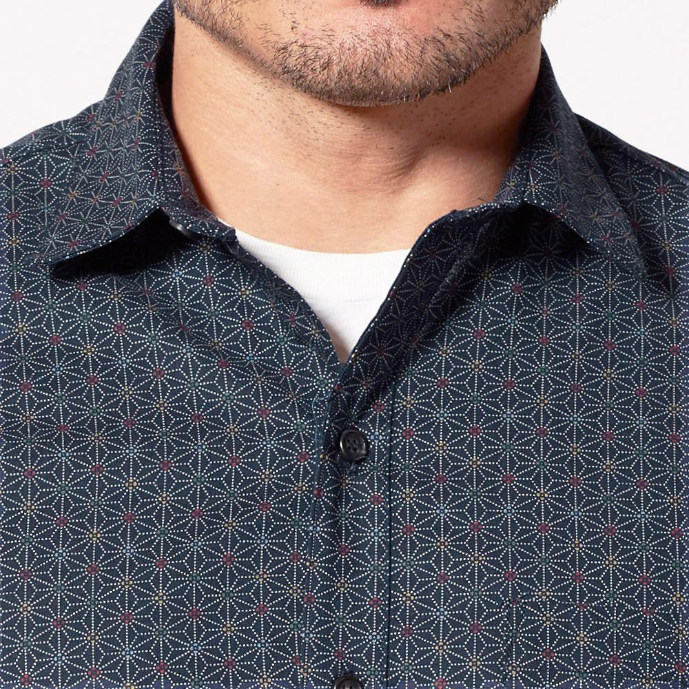 MICHAEL Short Sleeve Shirt in Navy Blue Japanese Geometric Floral Print