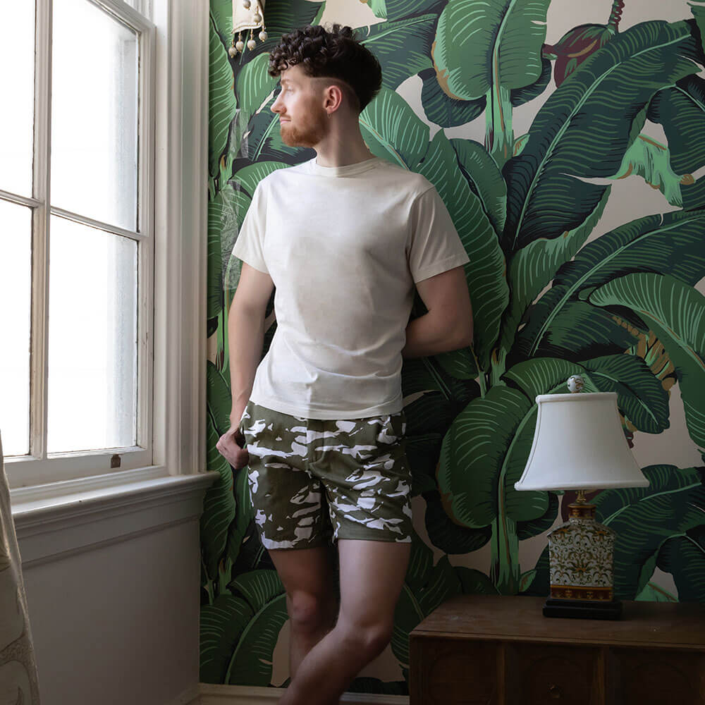 Olive &amp; White Abstract Tiger Stripe Japanese Print Cotton Shorts - Made in USA