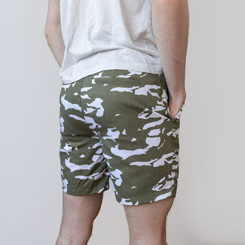 Olive &amp; White Abstract Tiger Stripe Japanese Print Cotton Shorts - Made in USA