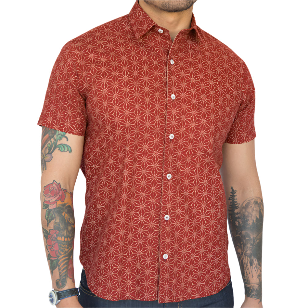 JONES Short Sleeve Shirt in Tomato Red Japanese Geometric Floral &