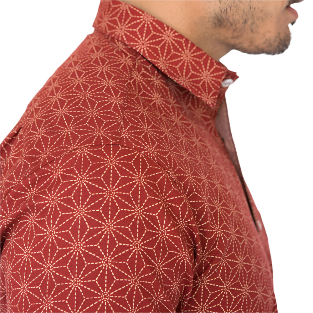 JONES Short Sleeve Shirt in Tomato Red Japanese Geometric Floral &