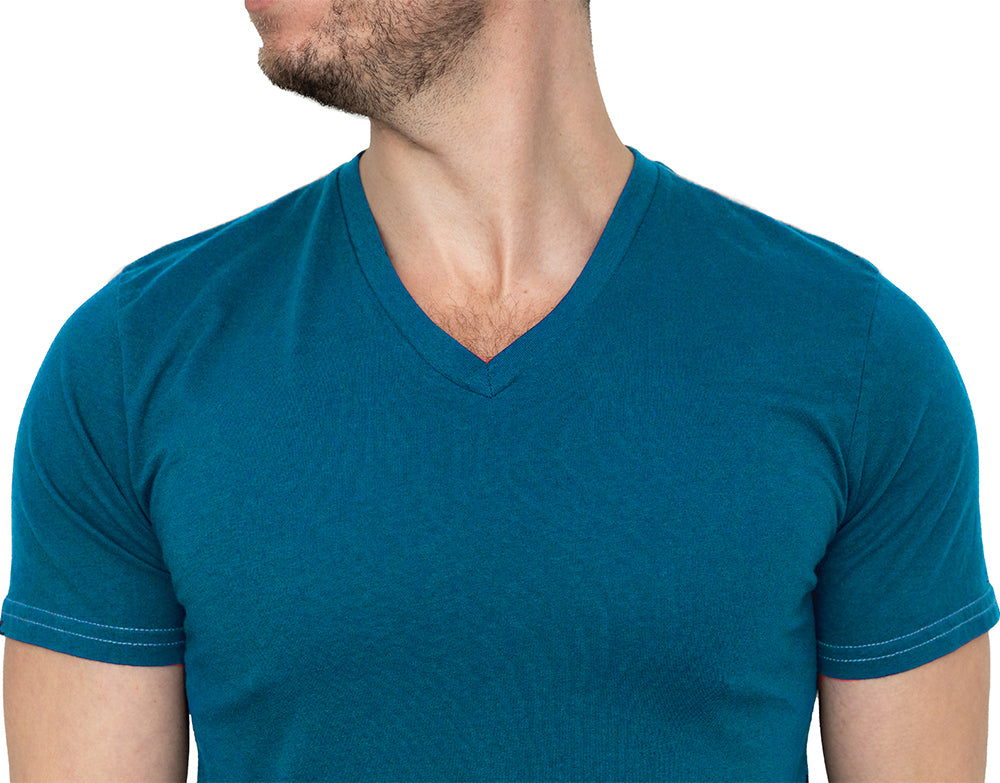 Teal Blue Cotton V-Neck Short Sleeve Tee - Made In USA