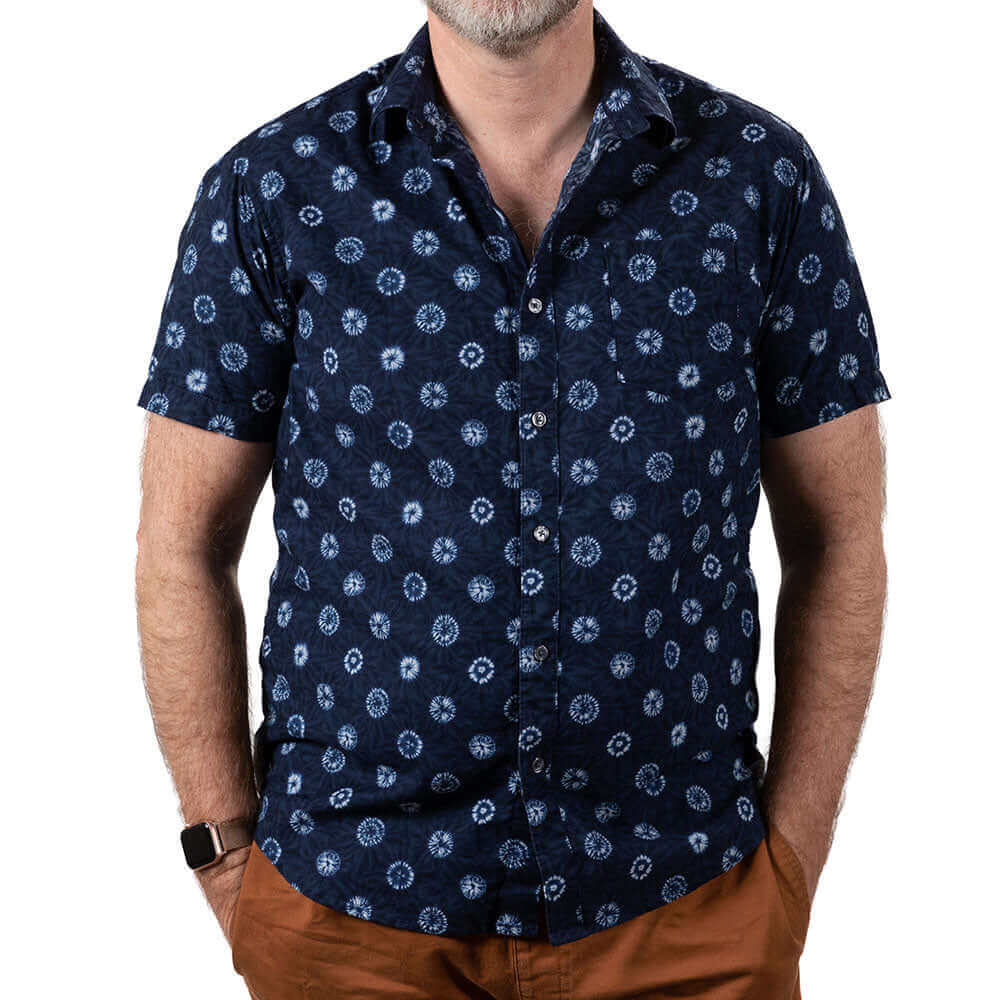 KARLTON Short Sleeve Shirt in Navy Blue Japanese Shibori Print