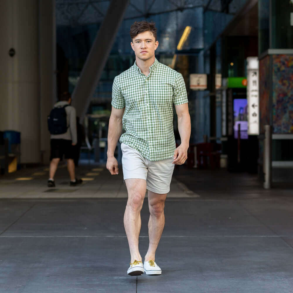 McNEIL Short Sleeve Shirt in Sage Green &amp; White Gingham Check