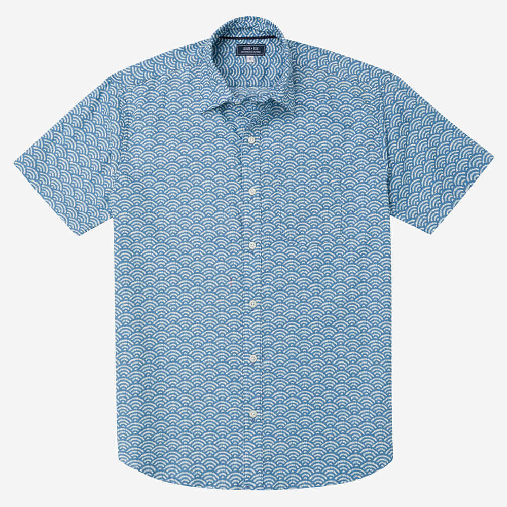 BEAU Short Sleeve Shirt in Inky Blue Japanese Wave Print